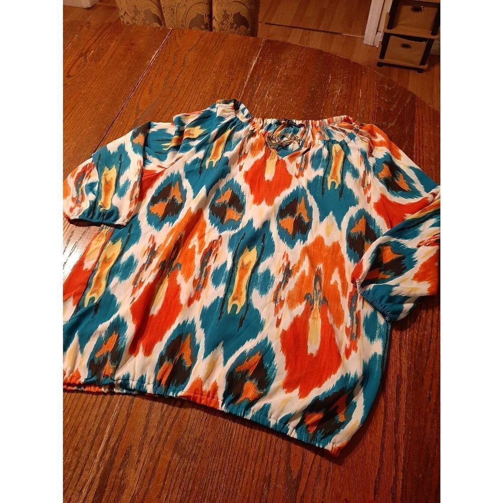 Large Zac & Rachel 3/4 Sleeve Neck Chain Detail Shirt Blouse Top Colorful